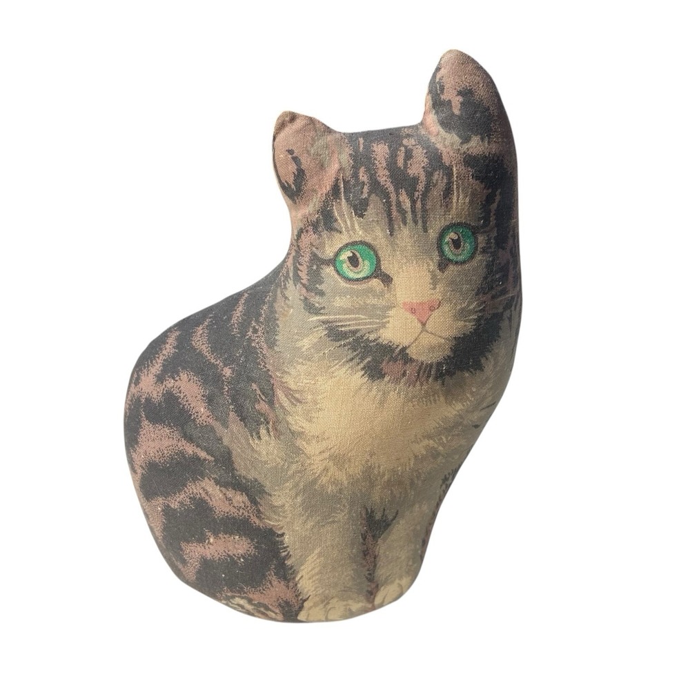 Vtg Printed Cloth Sitting Tabby Cat Small Stuffed Decorative Pillow 6.5" Tall